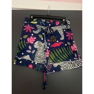 Karen Mabon Navy Blue Leopard Tropical Print Pajama Shorts Women Pocket /Tie